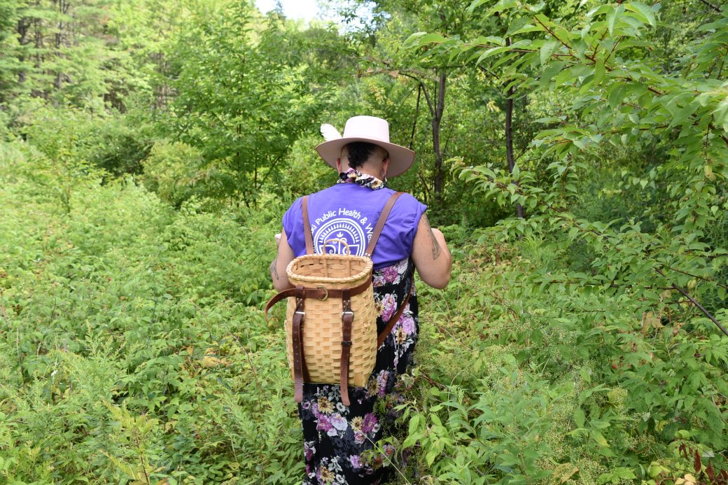 A woman carrying a pack basket walks through a green field